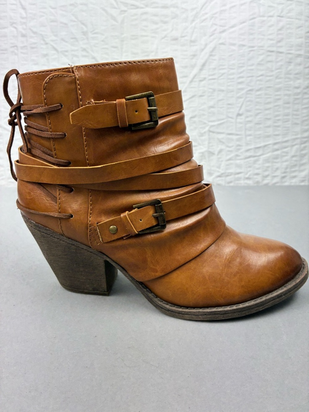 Cognac Brown Ankle Boots 7.5 Boho Moto Buckle Block‎ Heel Booties - Picture 5 of 9